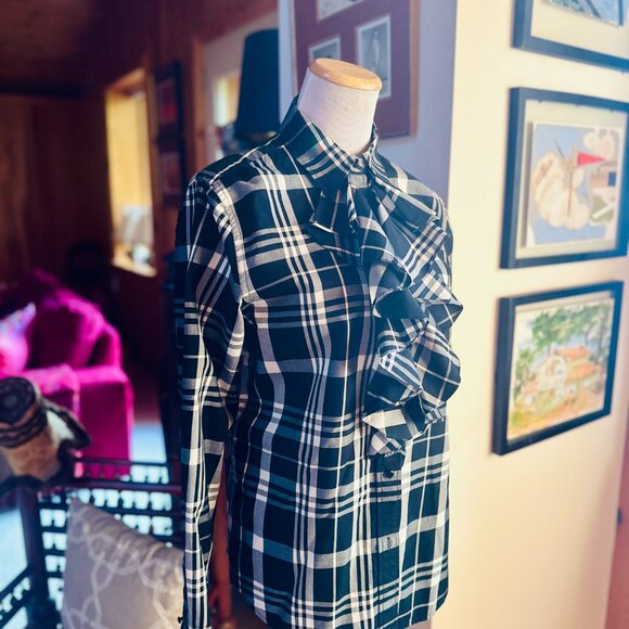 LAUREN RALPH LAUREN White and Black Plaid Ruffle Collar Shirt Blouse – M - Picture 10 of 11